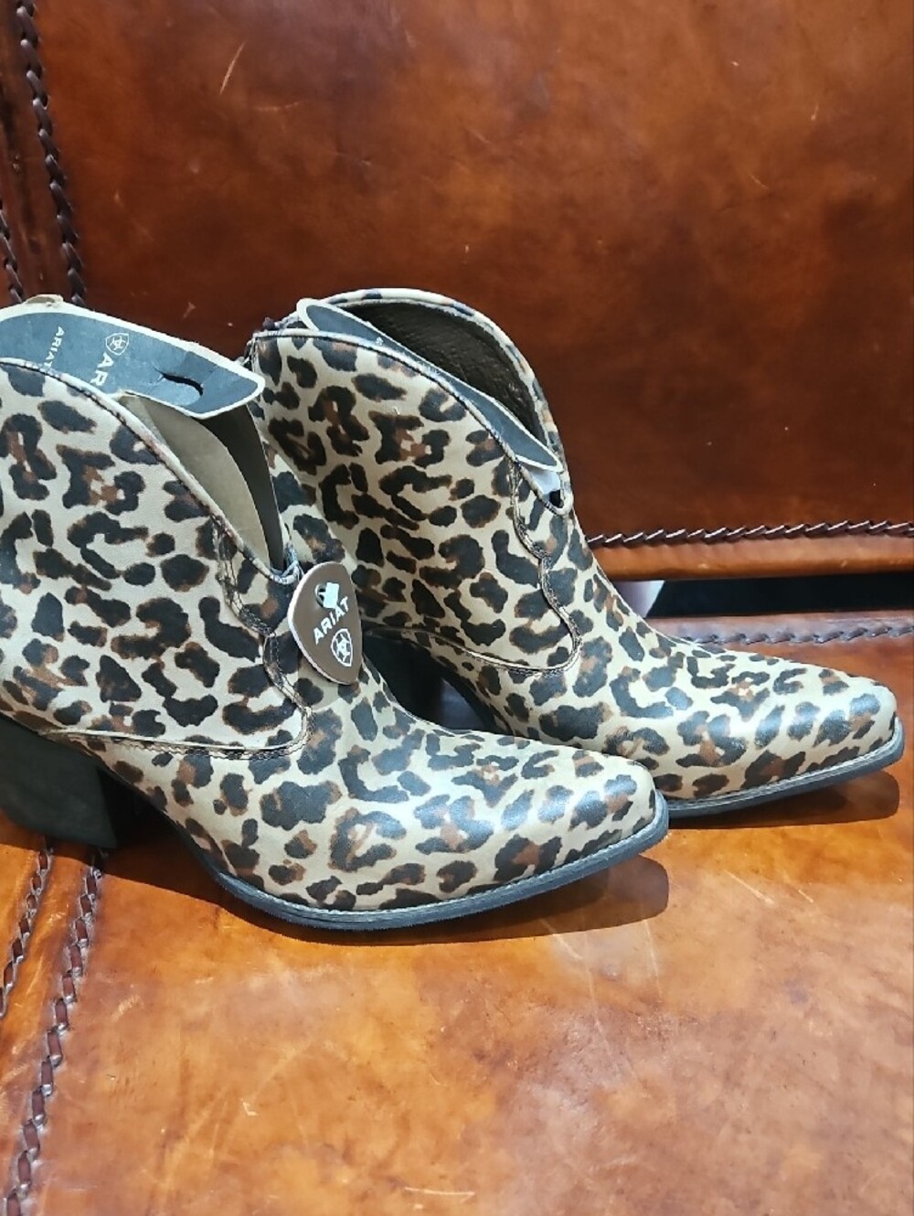 Ariat Tan and Black Leopard-Print Western Ankle Boots - Picture 5 of 5